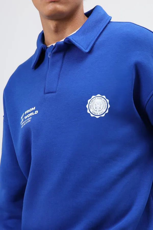 Polo Yaka Oversize Baskılı Yıkamalı Sweatshirt Saks