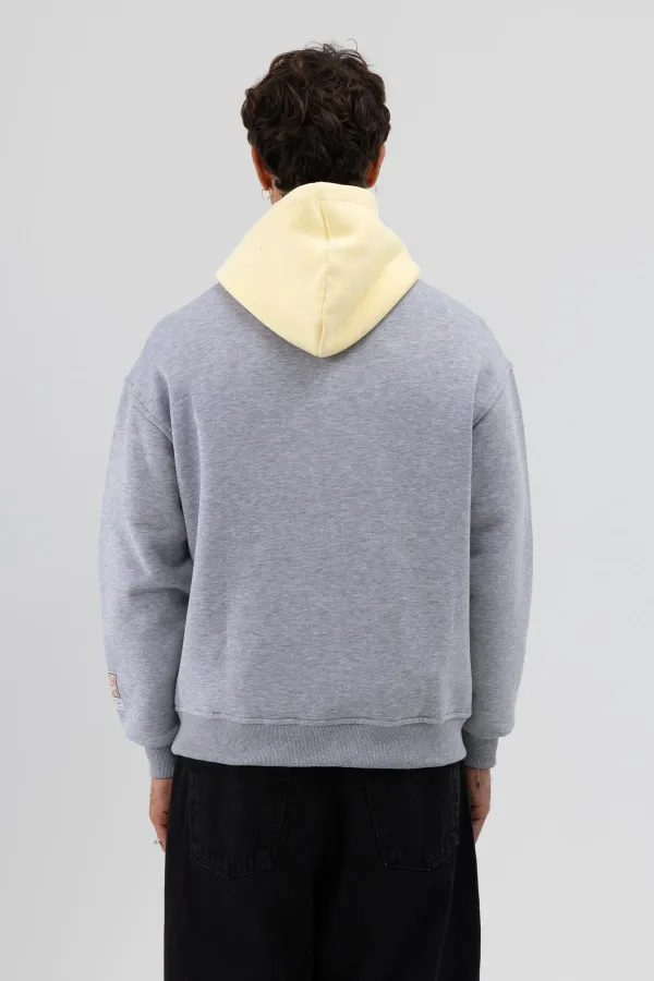 Çift Renk Baskılı Oversize Sweatshirt Gri Melanj
