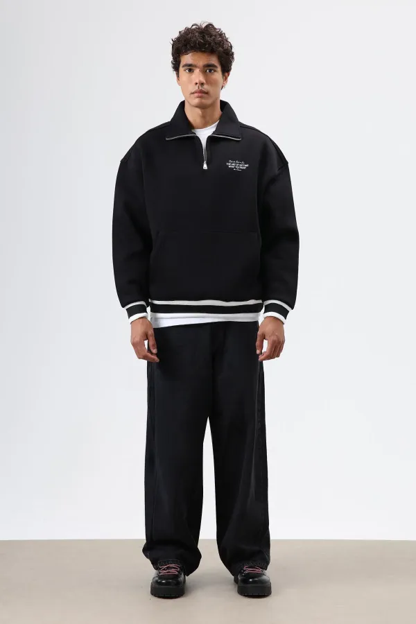 Sweat-shirt noir oversize à col polo