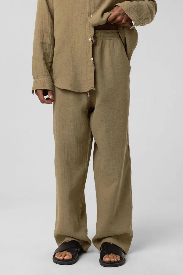 Baggy Fit Muslin Linen Trousers Khaki