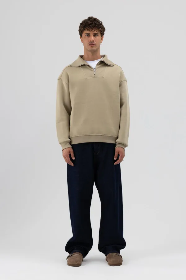 Sweat-shirt basique à fermeture éclair et col montant kaki