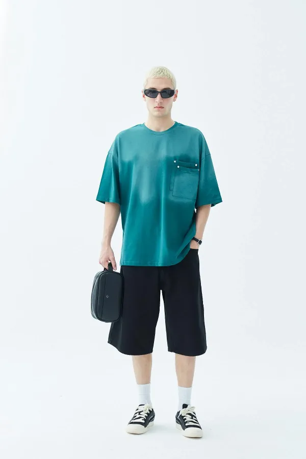 Yıkamalı Cep Detaylı Oversize Tişört Petrol