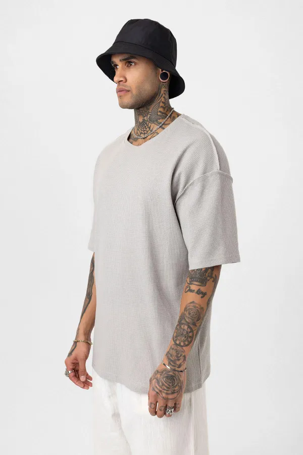 Arka Yazı Baskılı Oversize Triko Tişört Gri