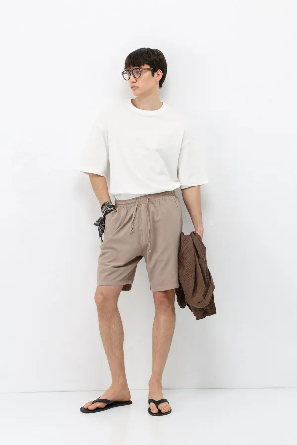 Oversize Keten Şort Taş