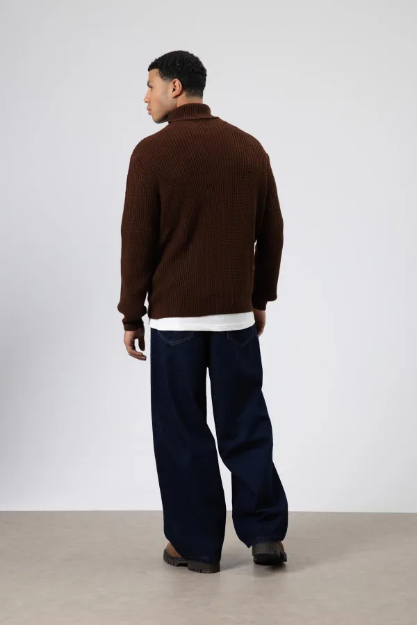 Oversize Triko Boğazlı Kazak Kahve