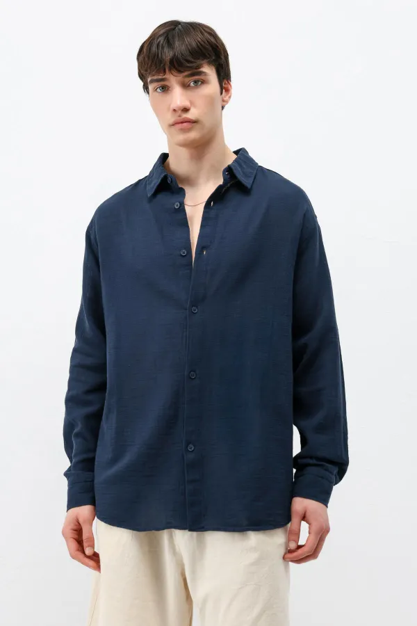 Uzun Kollu Basic Oversize Gömlek Lacivert