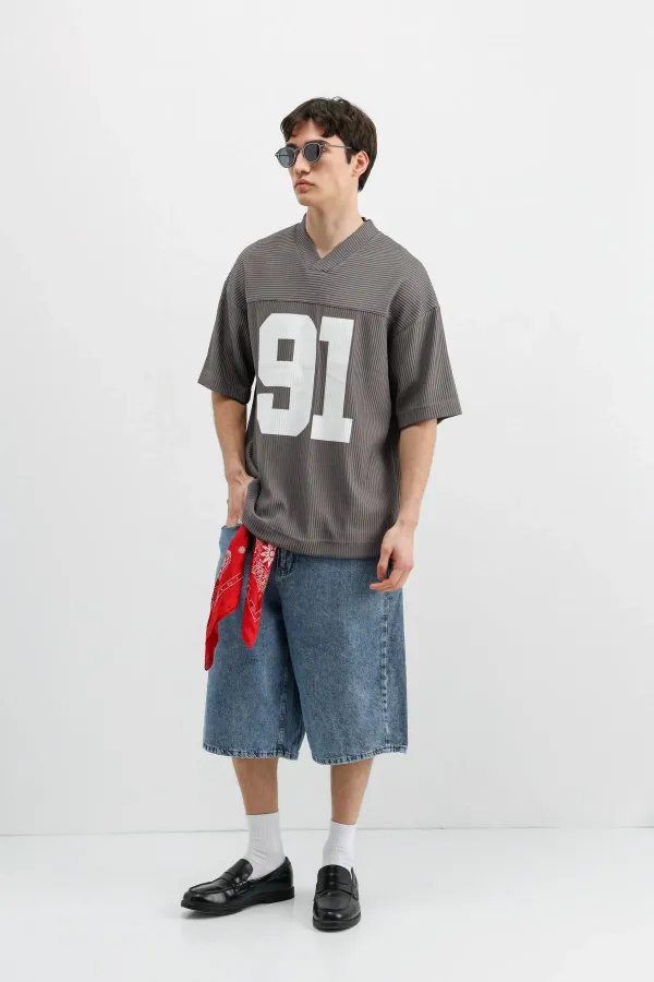 T-shirt oversize en velours côtelé imprimé gris