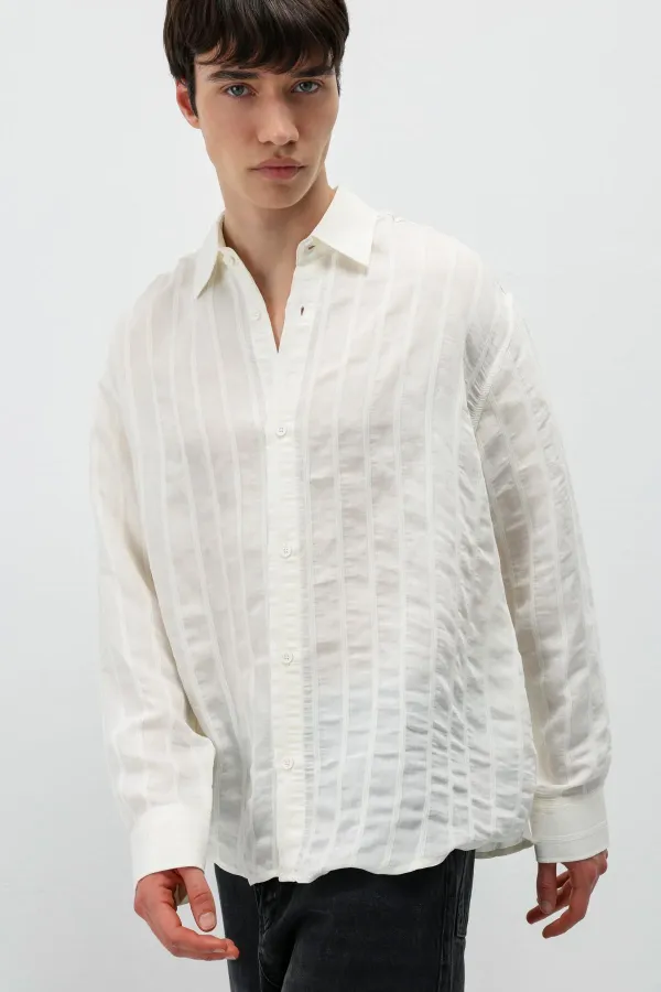 Çizgili Oversize Gömlek Ekru