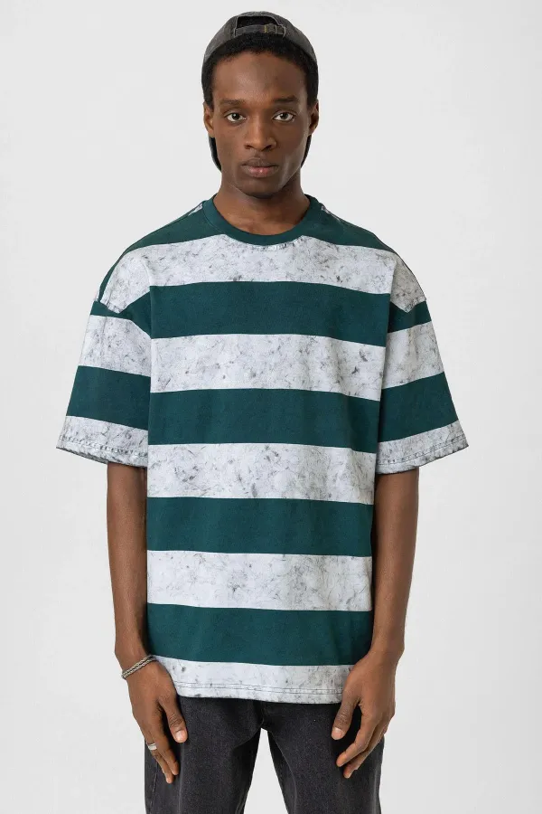 T-shirt oversize rayé délavé menthe - blanc