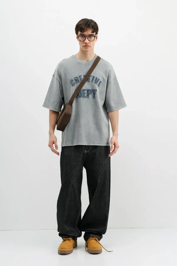 Yıkamalı Yazı Baskılı Oversize Tişört Gri