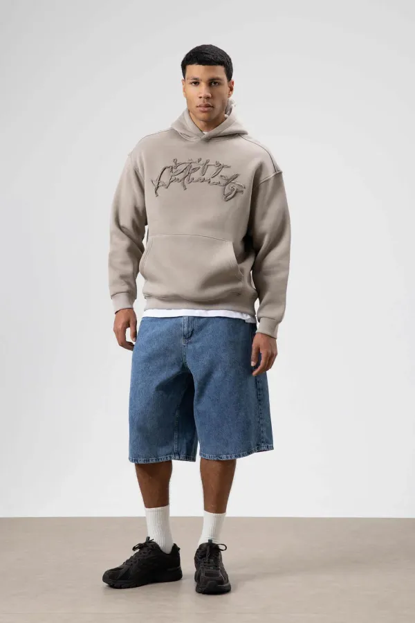 Oversize Baskılı Kapüşonlu Sweatshirt Açık Vızon
