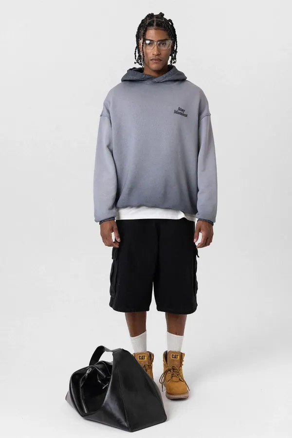Premıum Yıkamalı Yazı Detaylı Oversize Kapüşonlu Sweatshirt Gri