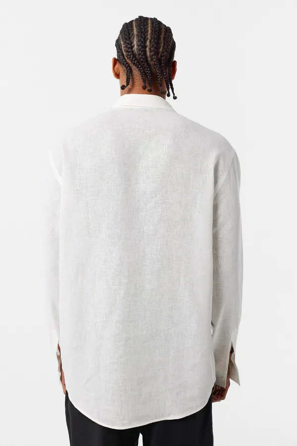 Chemise basique oversize à manches longues en lin, écru