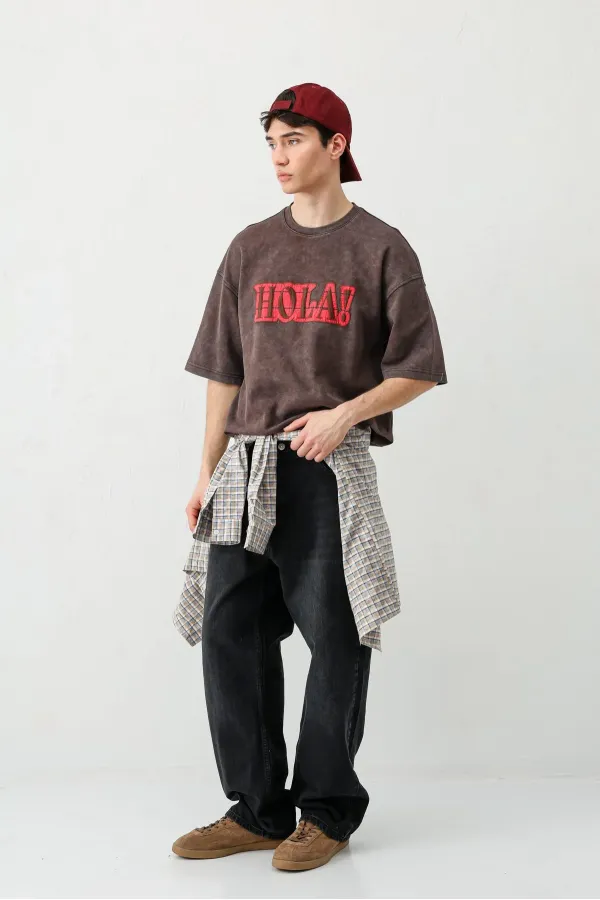 Yıkamalı Baskılı Oversize Tişört Kahve