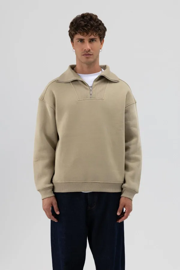 Sweat-shirt basique à fermeture éclair et col montant kaki