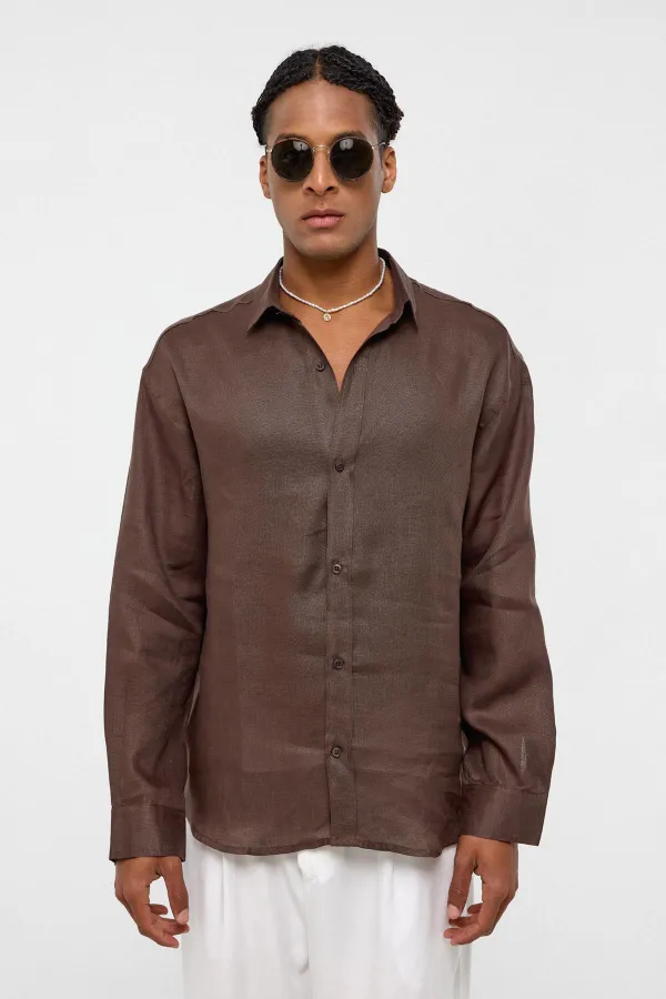 100% Linen Oversize Long-Sleeve Shirt, Coffee