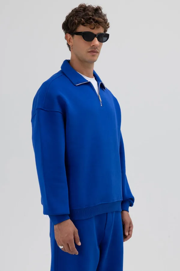 Oversize Fermuarlı Dik Yaka Sweatshirt Saks