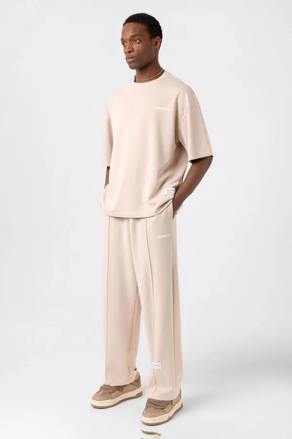 Label Detailed Oversize Modal Fabric Tracksuit Set Stone