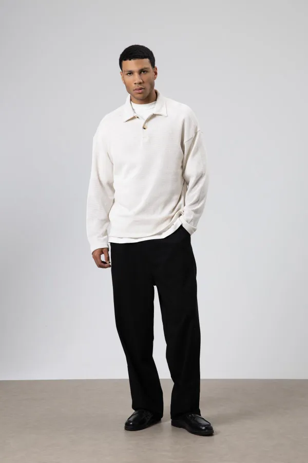 Oversize Polo Yaka Triko Kazak Ekru