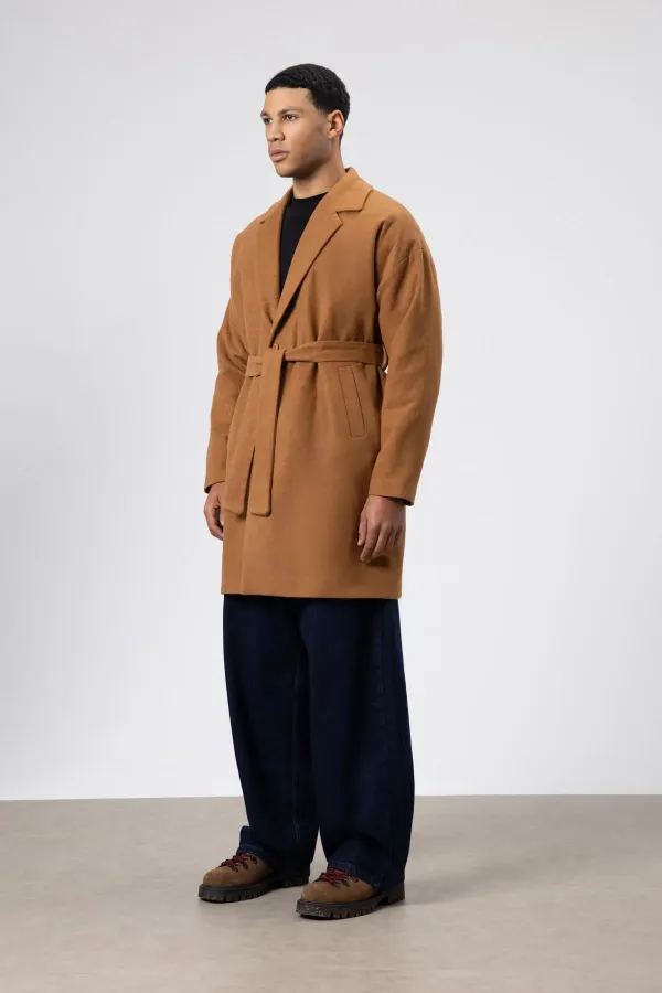 Kemerli Oversize Kaşe Kaban Taba