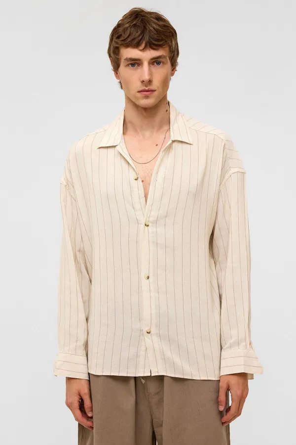Oversize Uzun Kollu Çizgili Keten Gömlek Vizon