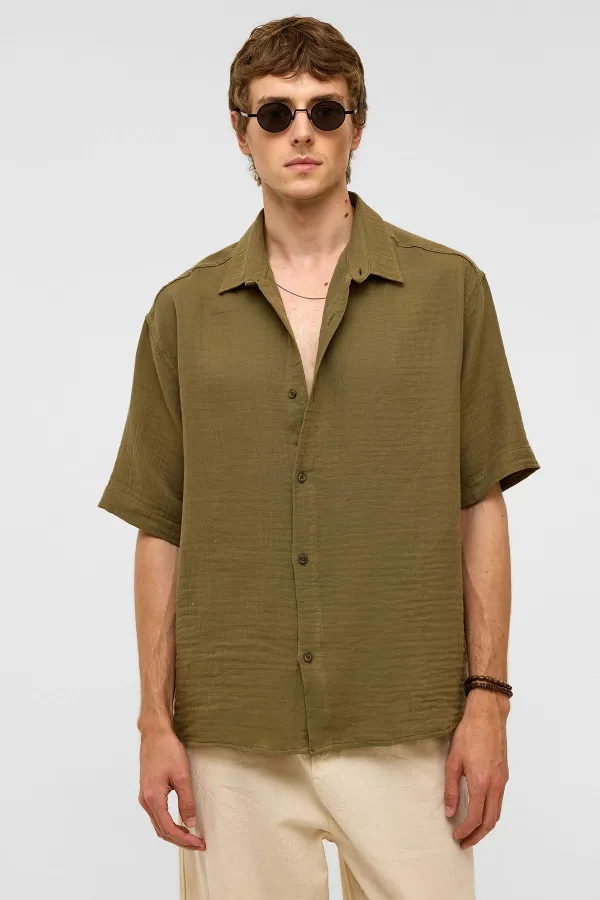 Chemise oversize à manches courtes en mousseline, kaki