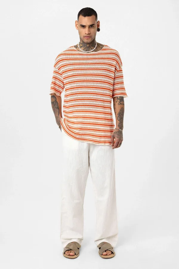 T-shirt rayé oversize en maille orange