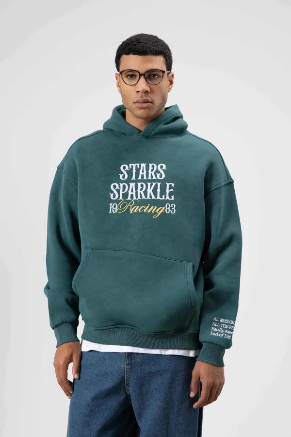 Oversize Nakış Baskılıkapüşonlu Sweatshirt Nefti