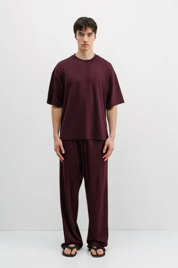 Fitilli Dokulu Oversize Tişört Mürdüm