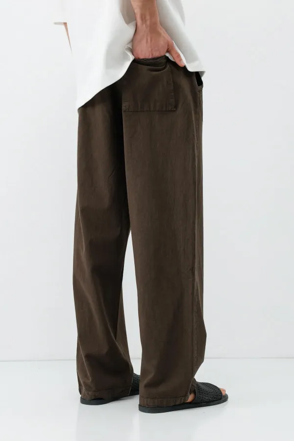 Bel Lastikli Baggy Fit Keten Pantolon Kahve