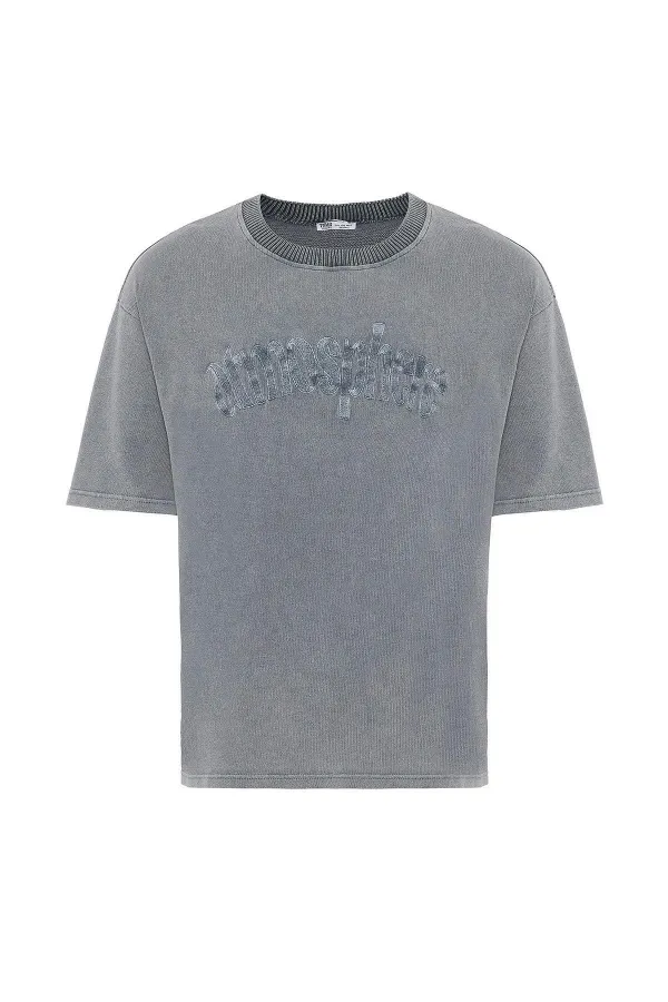 Yıkamalı Oversize Baskılı Tişört Gri