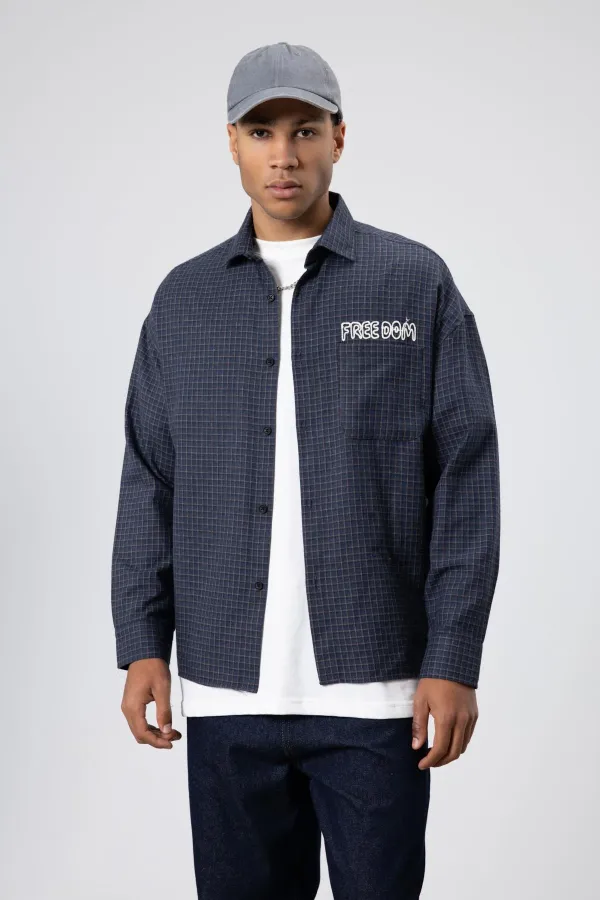 Oversize Baskılı Günlük Kareli Gömlek Lacivert