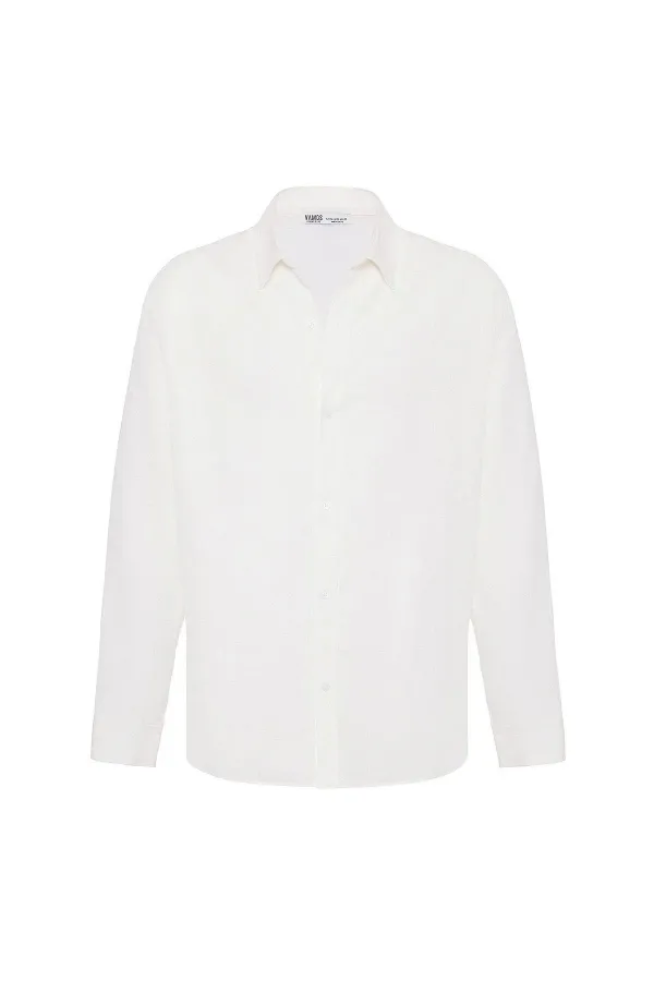 Basic Oversize Uzun Kollu Keten Gömlek Beyaz