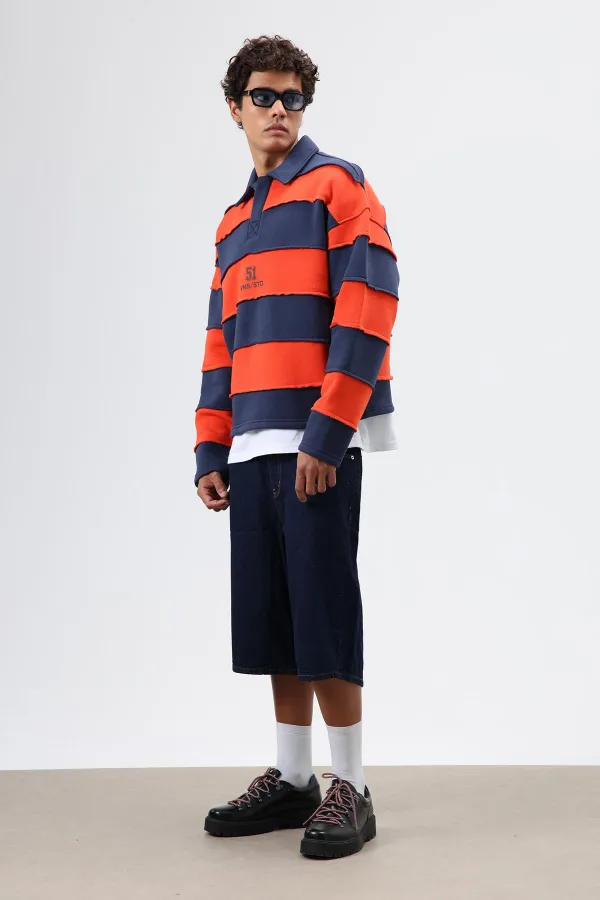 Oversize Şeritli Baskılı Sweatshirt Lacivert