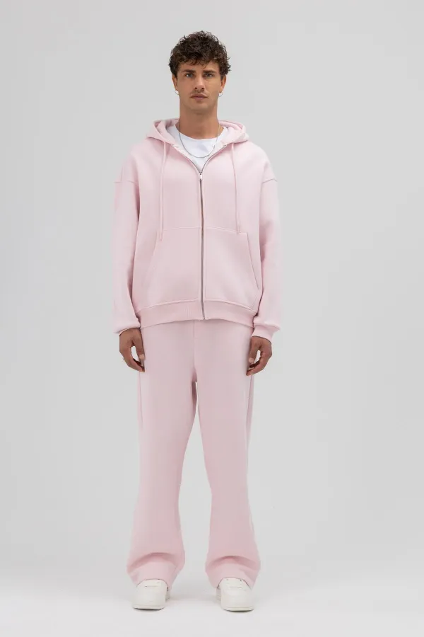 Basic Fermuarlı Oversize Kapüşonlu Sweatshirt Pembe