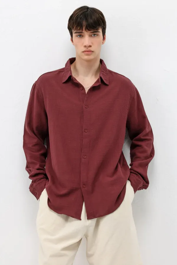 Uzun Kollu Basic Oversize Gömlek Bordo