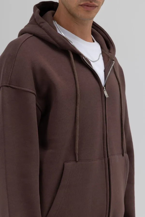 Sweat à capuche oversize basique zippé, marron