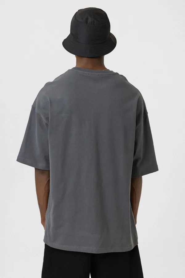 Bisiklet Yaka Cepli Oversize Tişört Füme