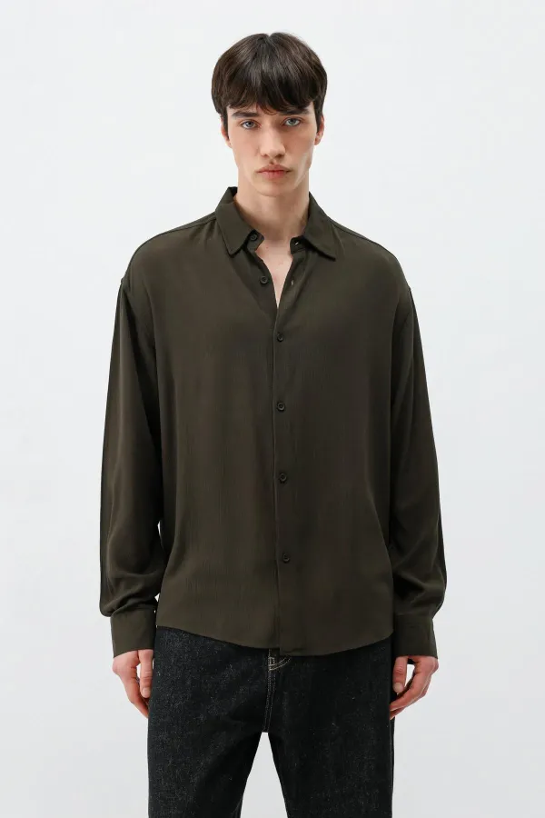 Hafif Dokulu Oversize Gömlek Kahve