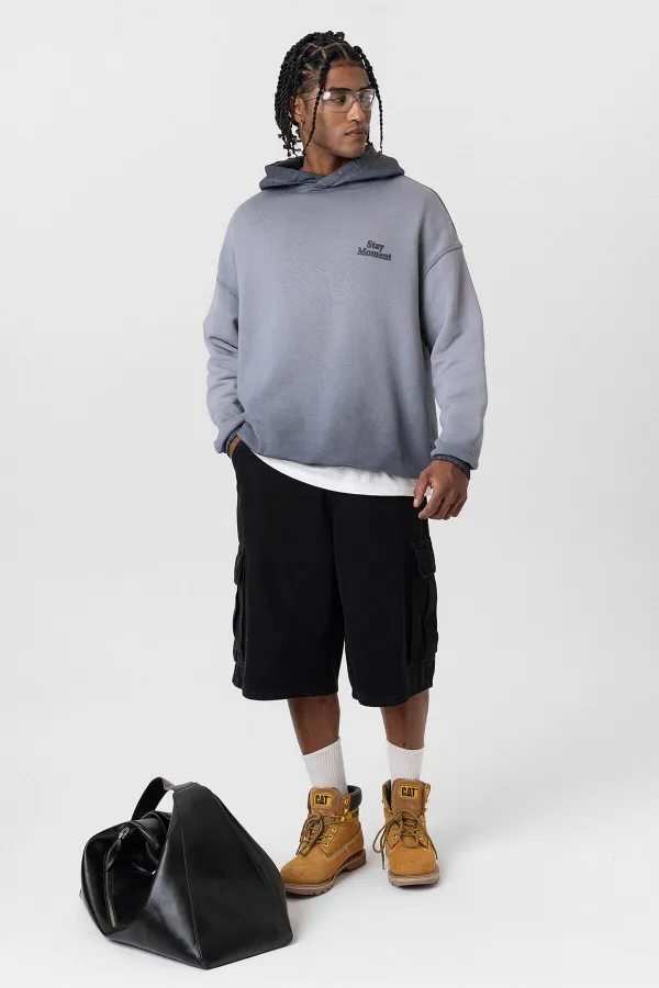Premıum Yıkamalı Yazı Detaylı Oversize Kapüşonlu Sweatshirt Gri