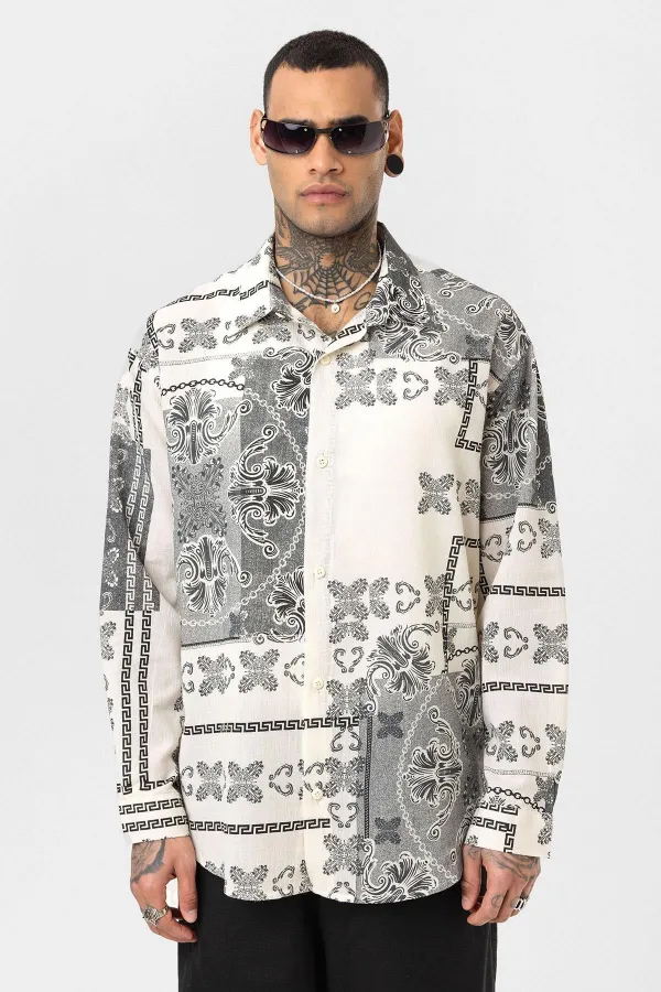 Chemise oversize à motifs ethniques, noire