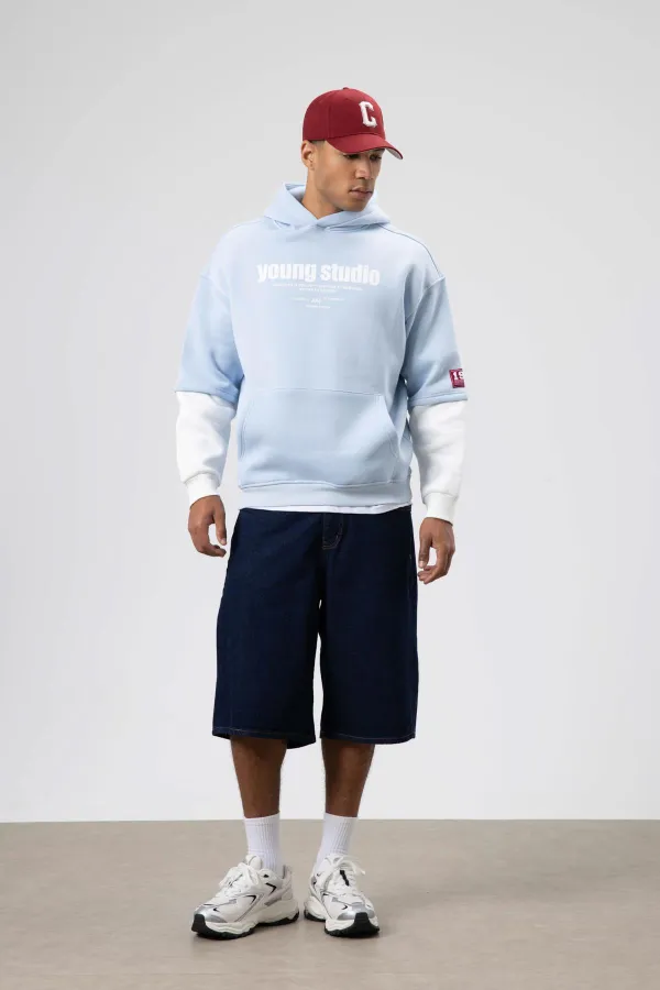 Oversize Baskılı Kapüşonlu Sweatshirt Bebe Mavi