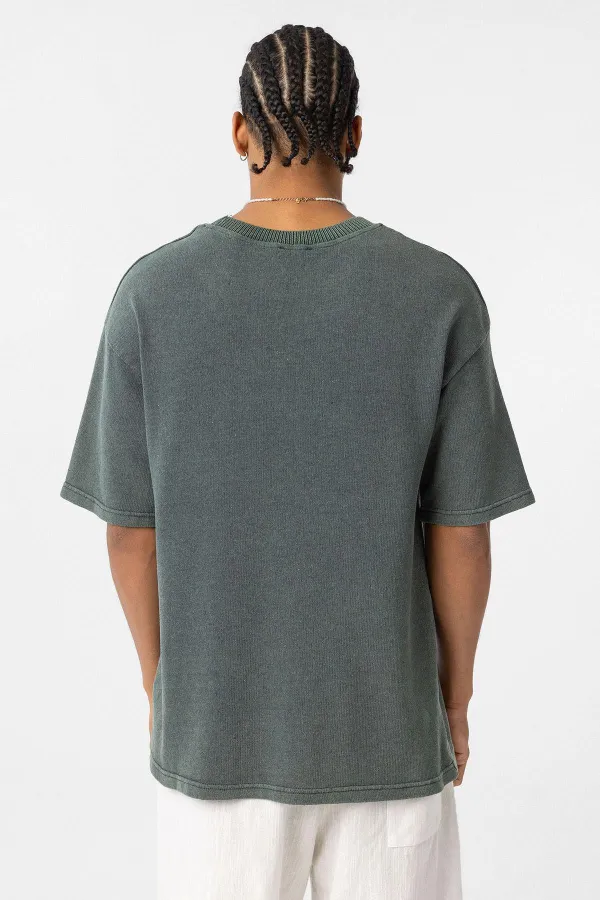 Yıkamalı Oversize Baskılı Tişört Yeşil