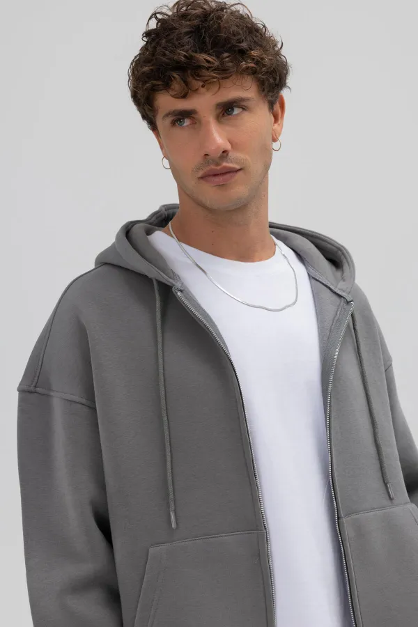 Sweat à capuche basique oversize zippé, gris foncé
