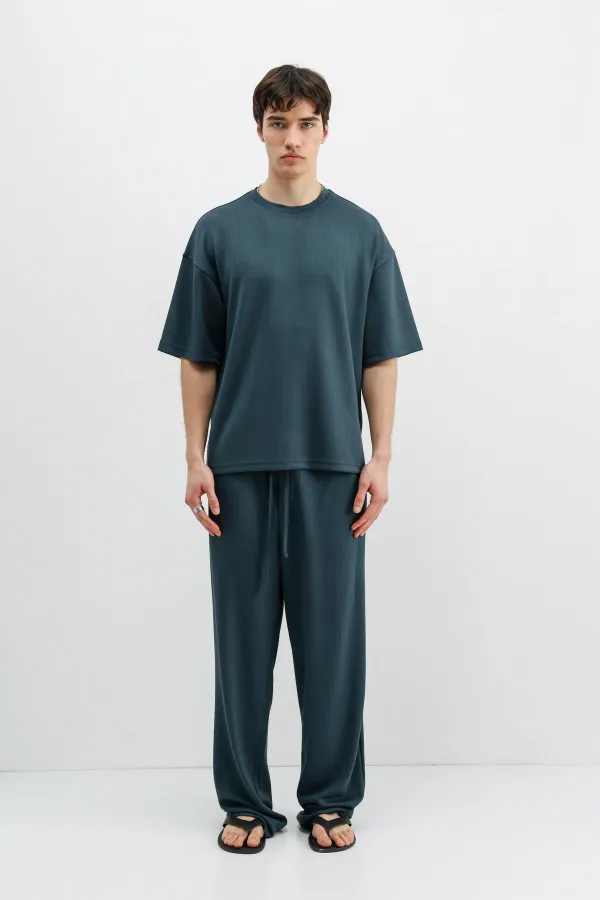 Ribbed Textured Baggy Sweatpants Petrol