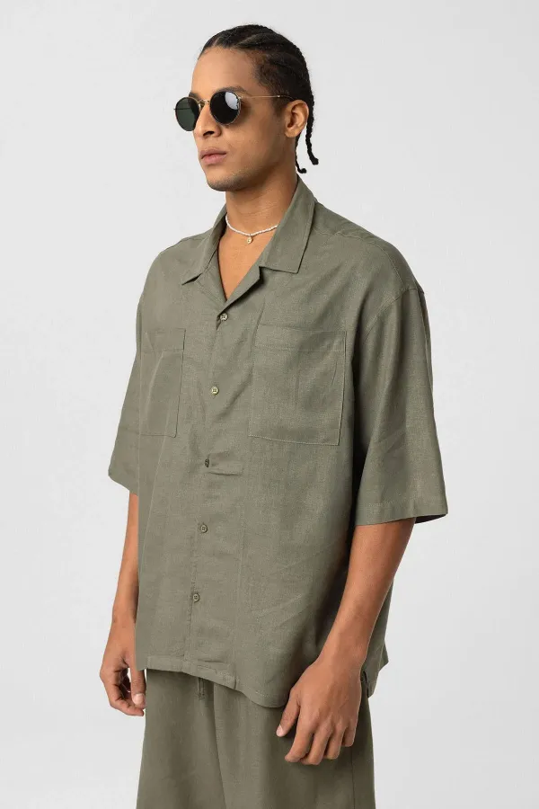 Double Pocket Oversize Linen Shirt Khaki