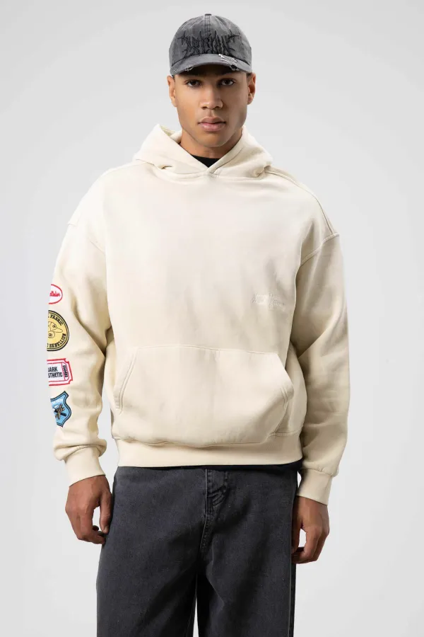 Oversize Baskılı Kapüşonlu Sweatshirt Bej