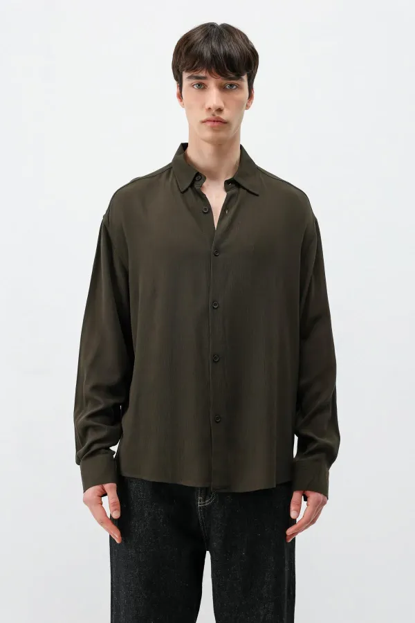 Hafif Dokulu Oversize Gömlek Kahve