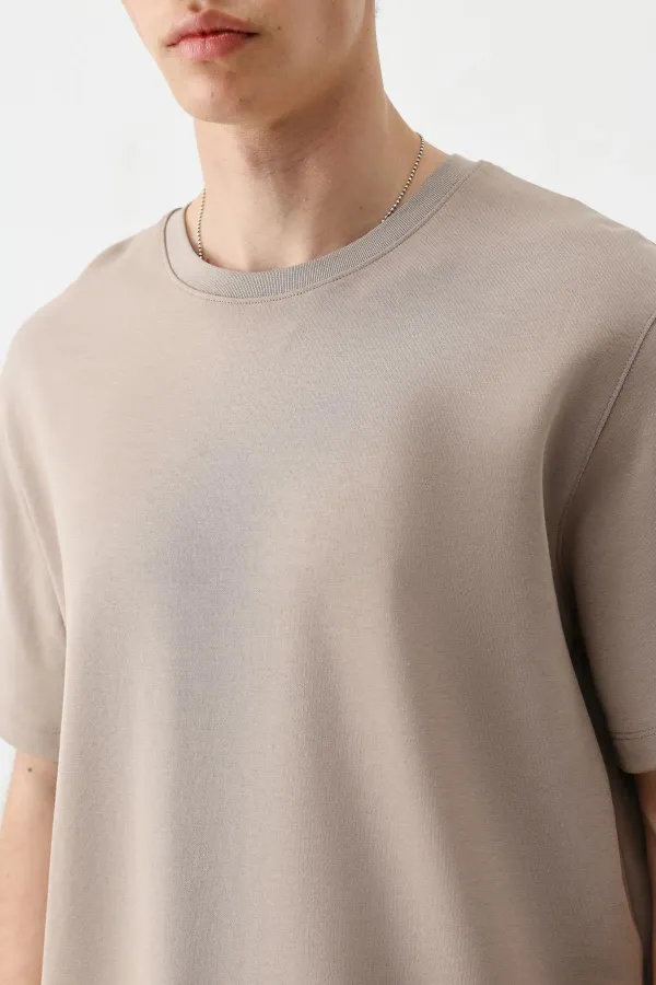 Kısa Kollu Boxy Fit Tişört Vizon