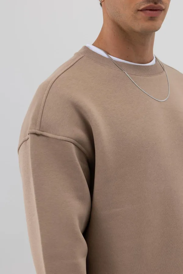 Sweat-shirt oversize basique à col rond, couleur vison